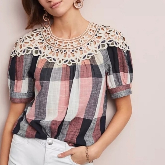Anthropologie plaid crochet swing top - Picture 1 of 14